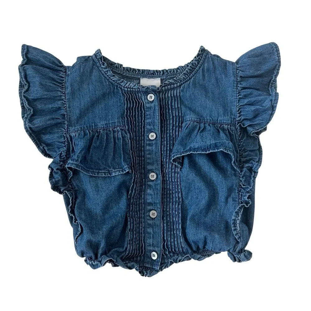 Gap x LoveShackFancy Girl's Denim Ruffle Button-Front Top‎ Size L